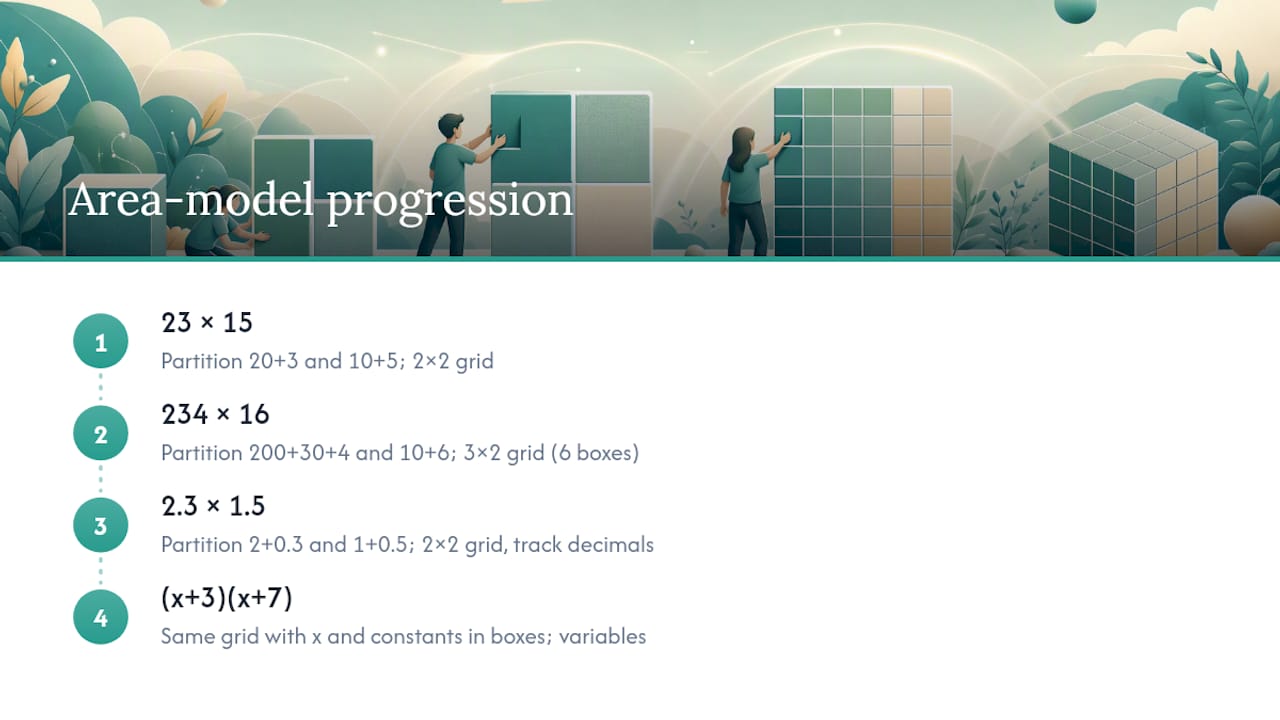 Area model progression across math concepts