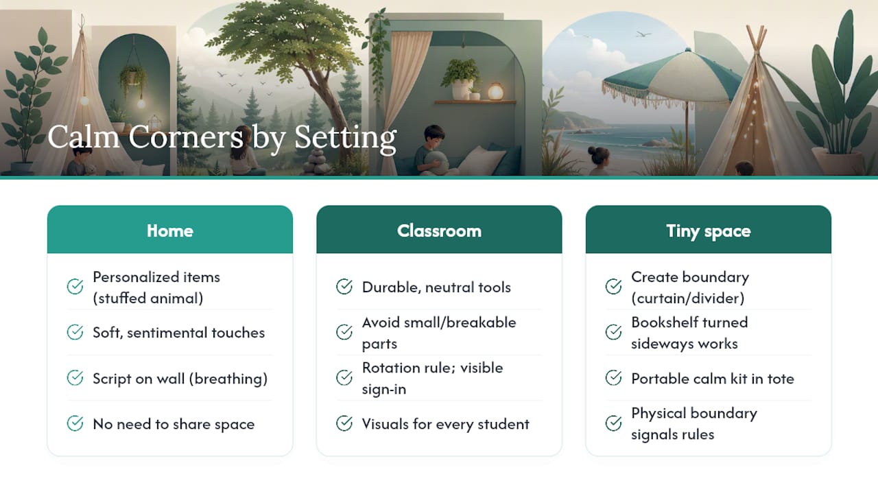 Comparison of three calm corner settings