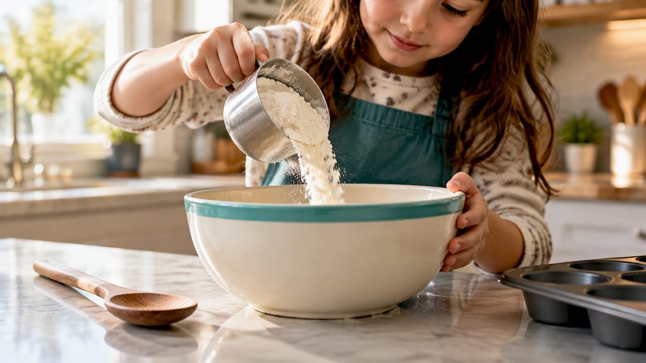 Child measuring flour for hands-on learning
