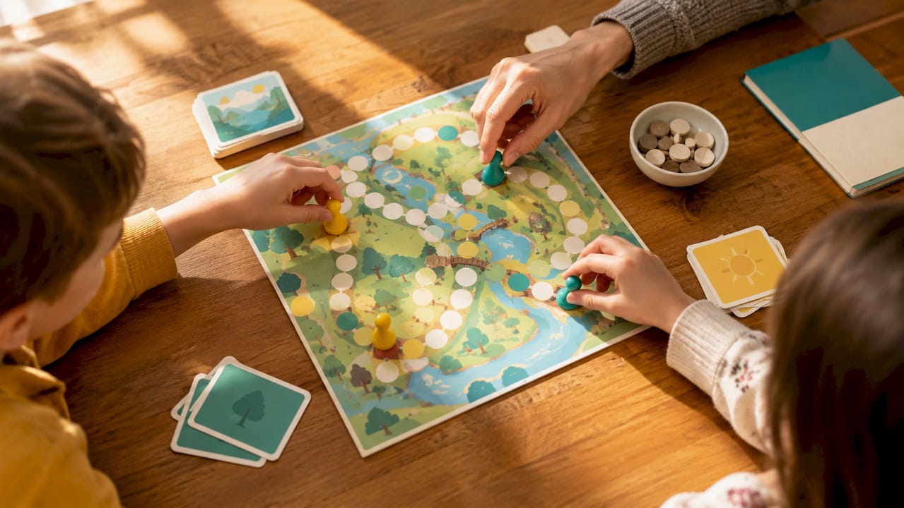 Family hands taking turns in board game