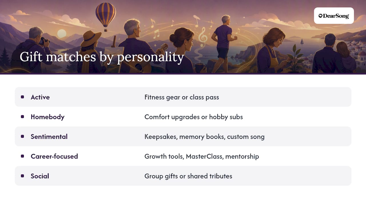 Gift categories matched to personality types