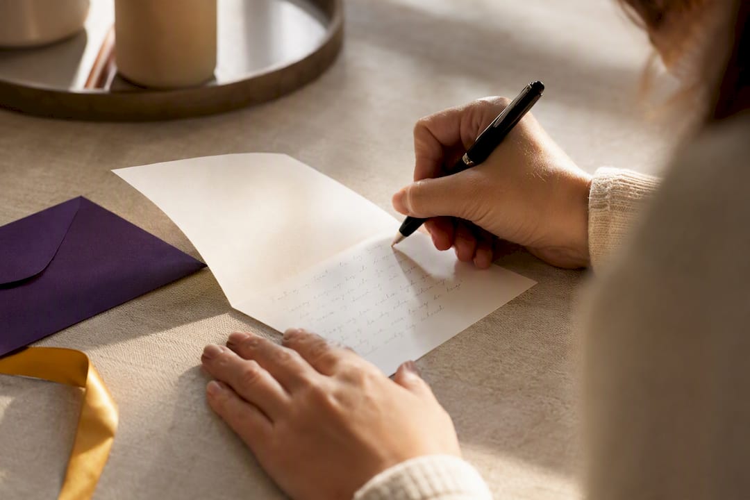 Hands writing a personal farewell card