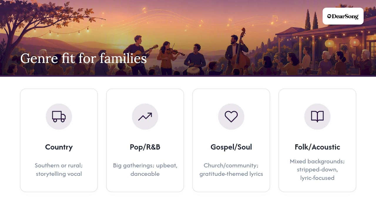 Genre choices for family reunion songs