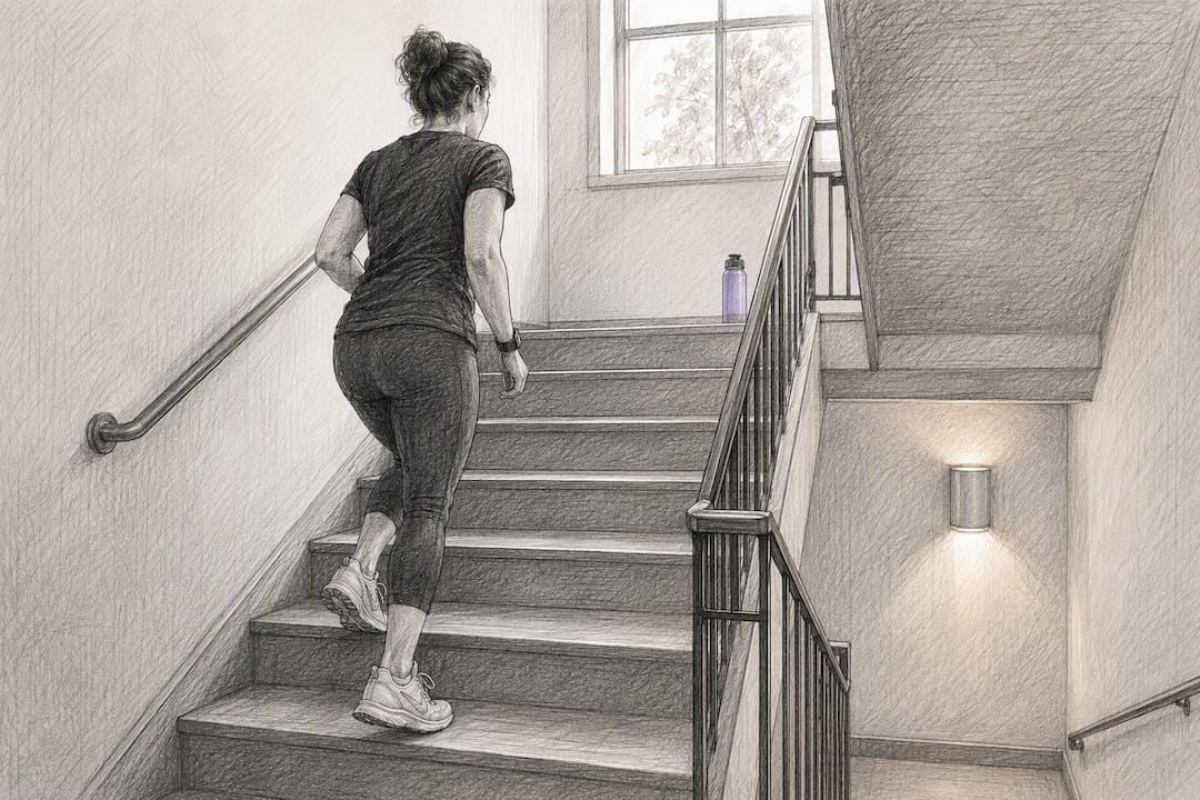 Adult climbing stairs indoors for exercise