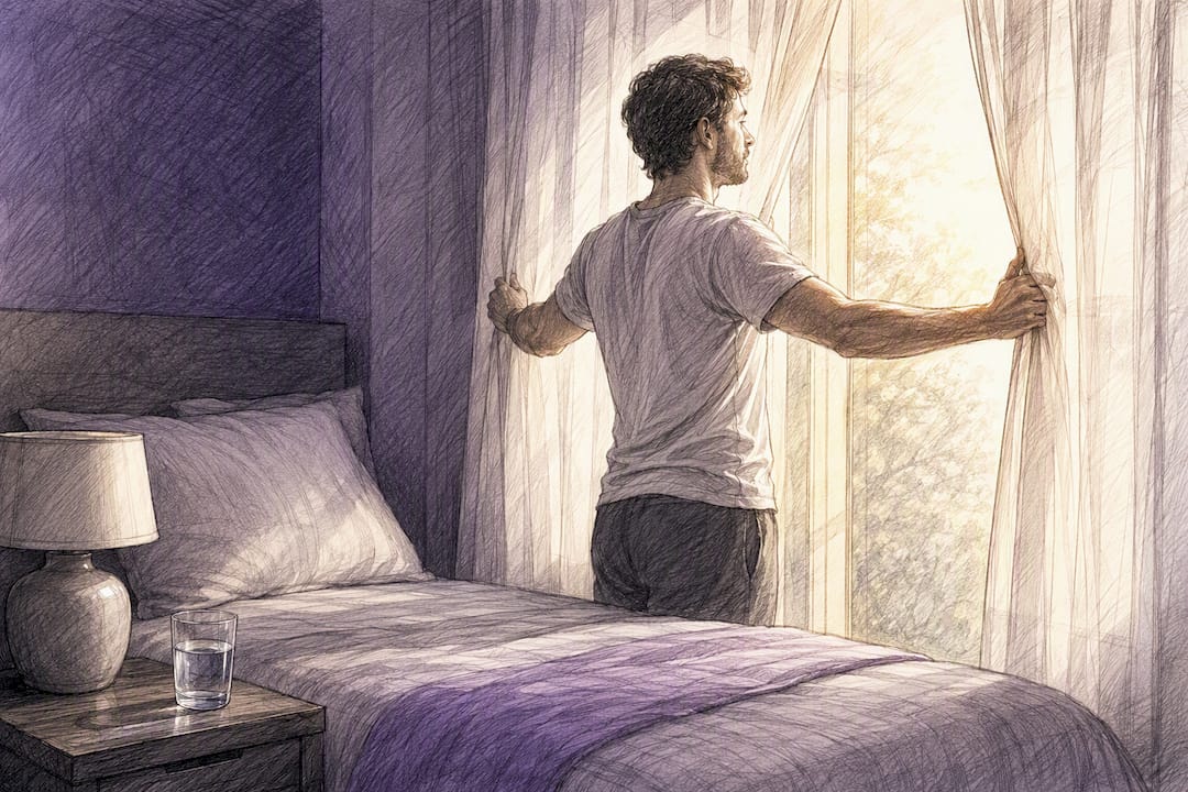 Adult opening curtains to morning light