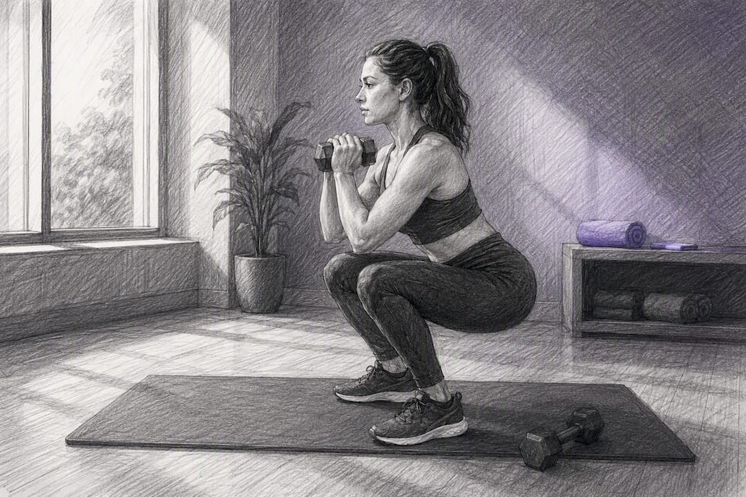 Adult performing controlled dumbbell squat
