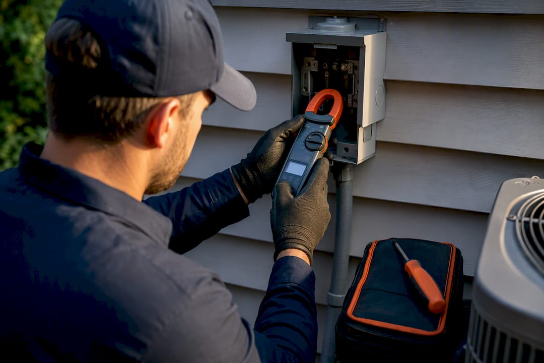 Technician measuring HVAC electrical current