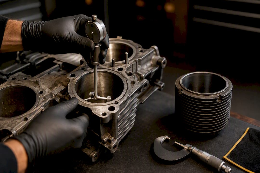 Technician inspecting an engine cylinder bore