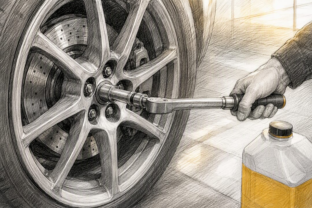 Torque wrench checking wheel lug bolts