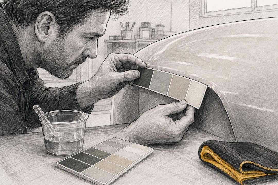 Historic paint samples beside classic car panel