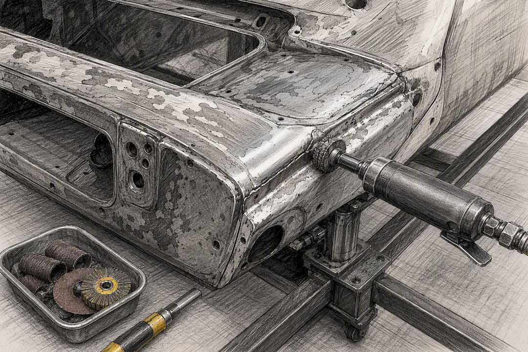 Bare metal body shell during restoration preparation