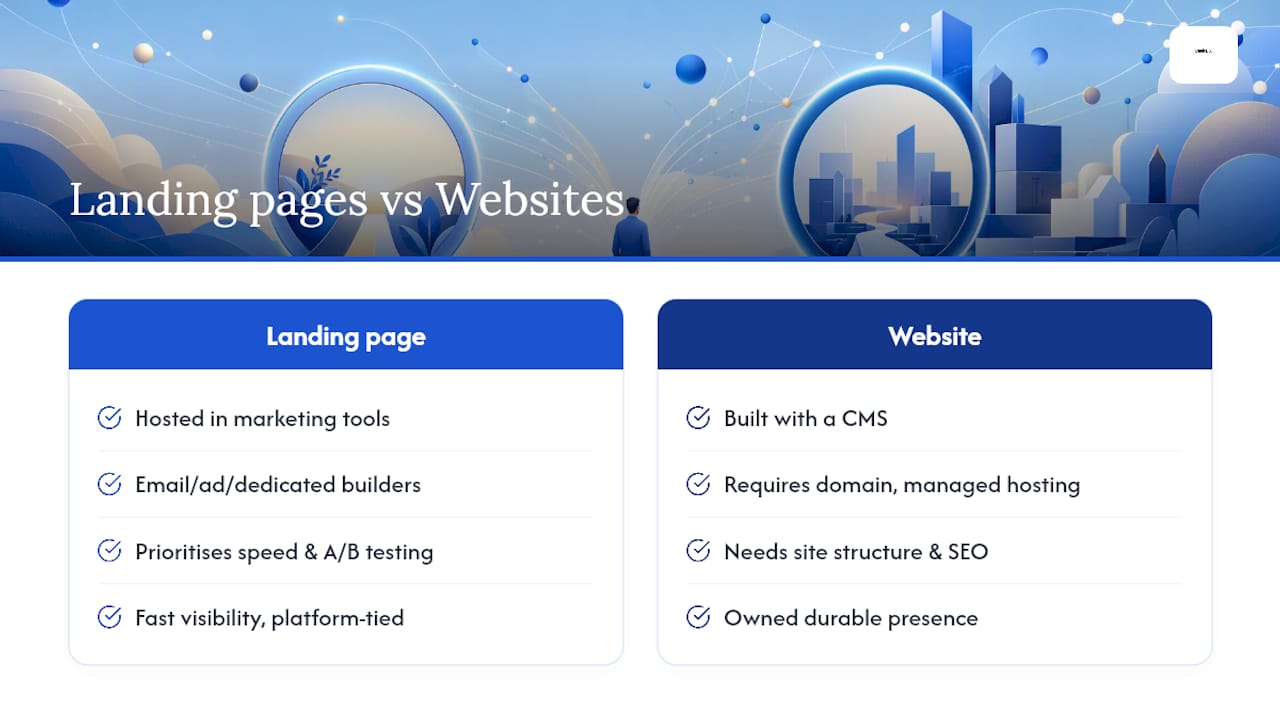 Common tools and platforms to create landing pages versus websites — overview diagram