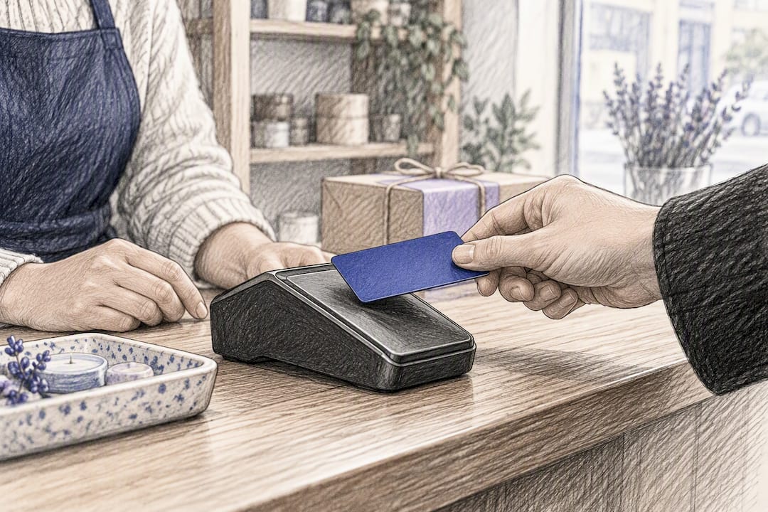 Customer making contactless payment in shop