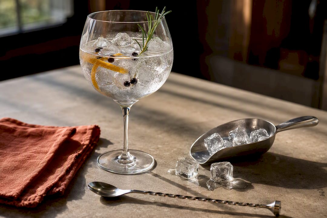 Tulip gin glass beside ice tools