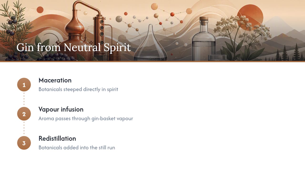 Three methods for turning neutral spirit into gin