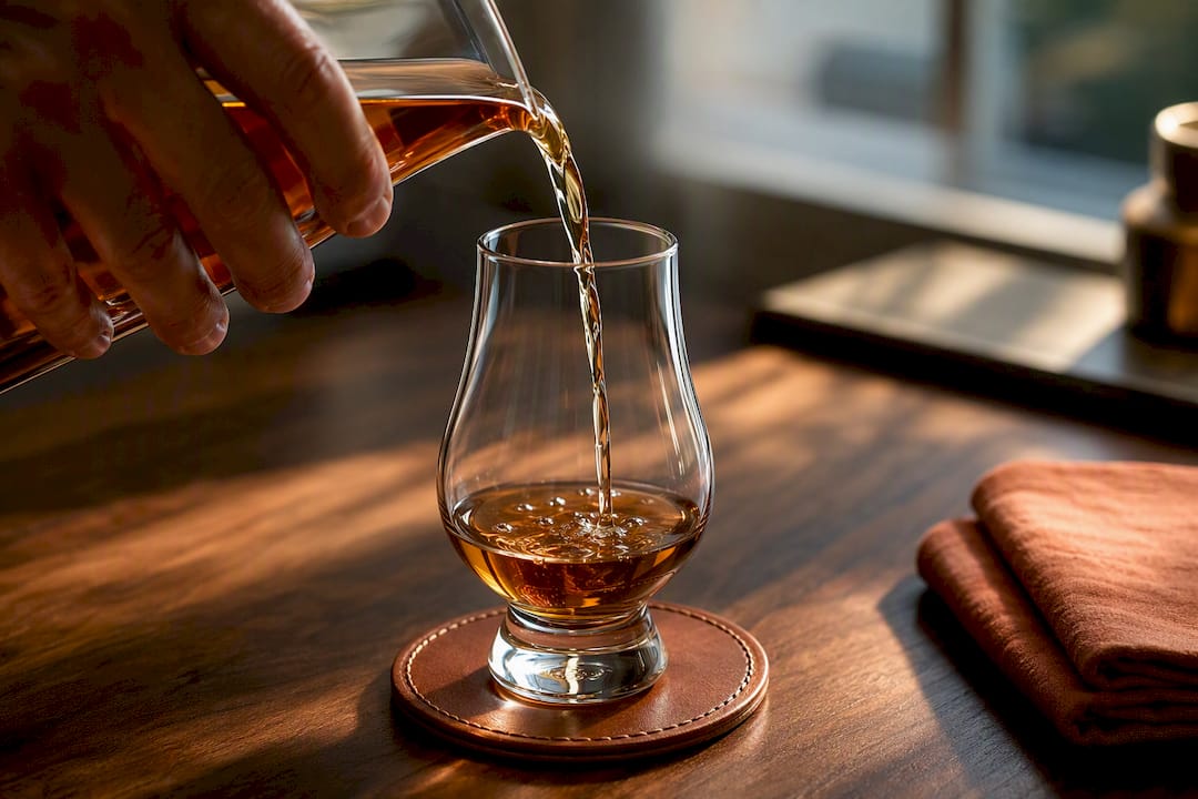 Amber gin poured into tulip glass