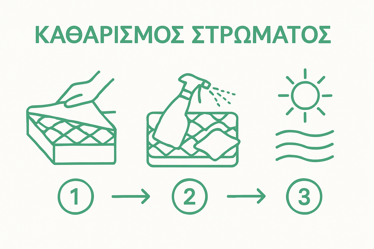 Step-by-step infographic showing removing sheets, cleaning mattress, and drying.