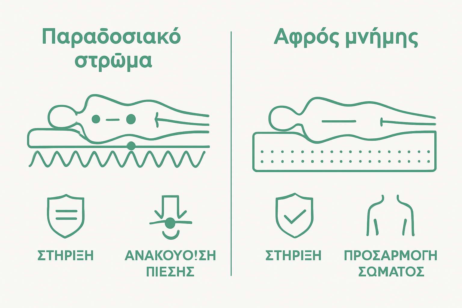 Comparison between memory foam and traditional mattress support and weight distribution