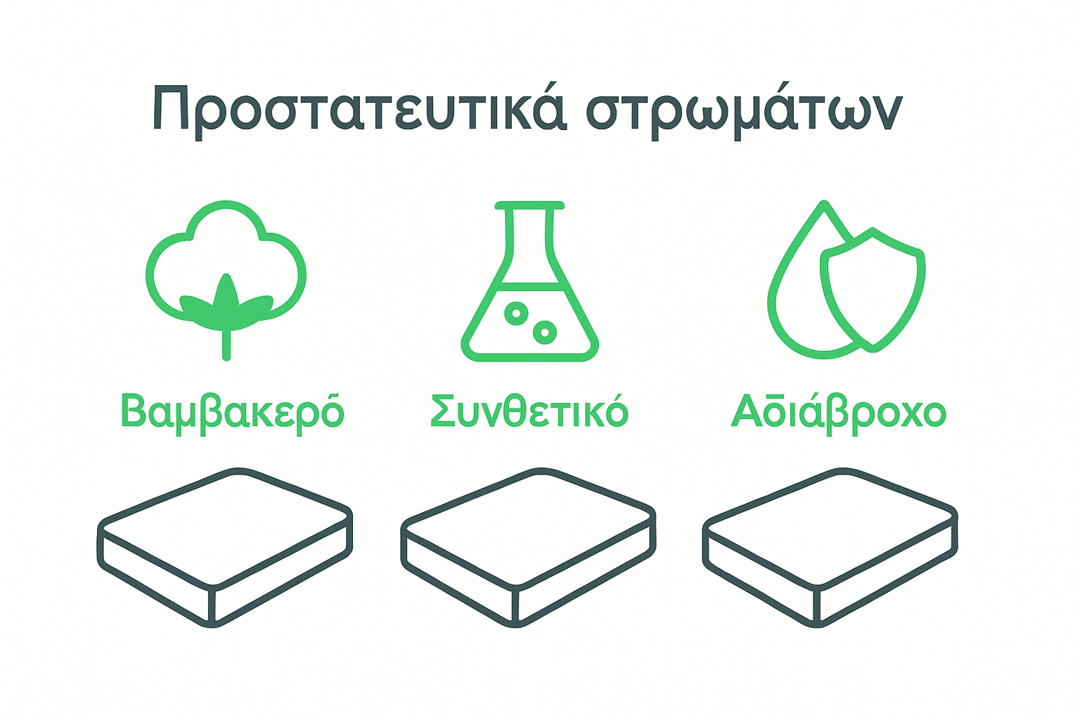 Three simple icons comparing mattress protector types