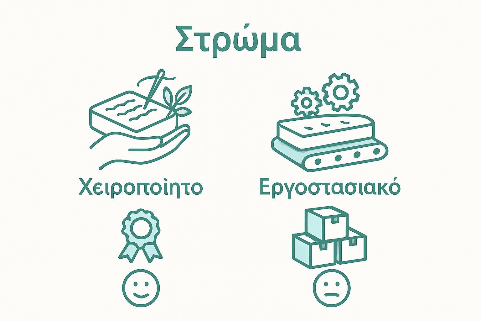 Visual comparison of hand-made vs factory mattresses using icons for quality and satisfaction