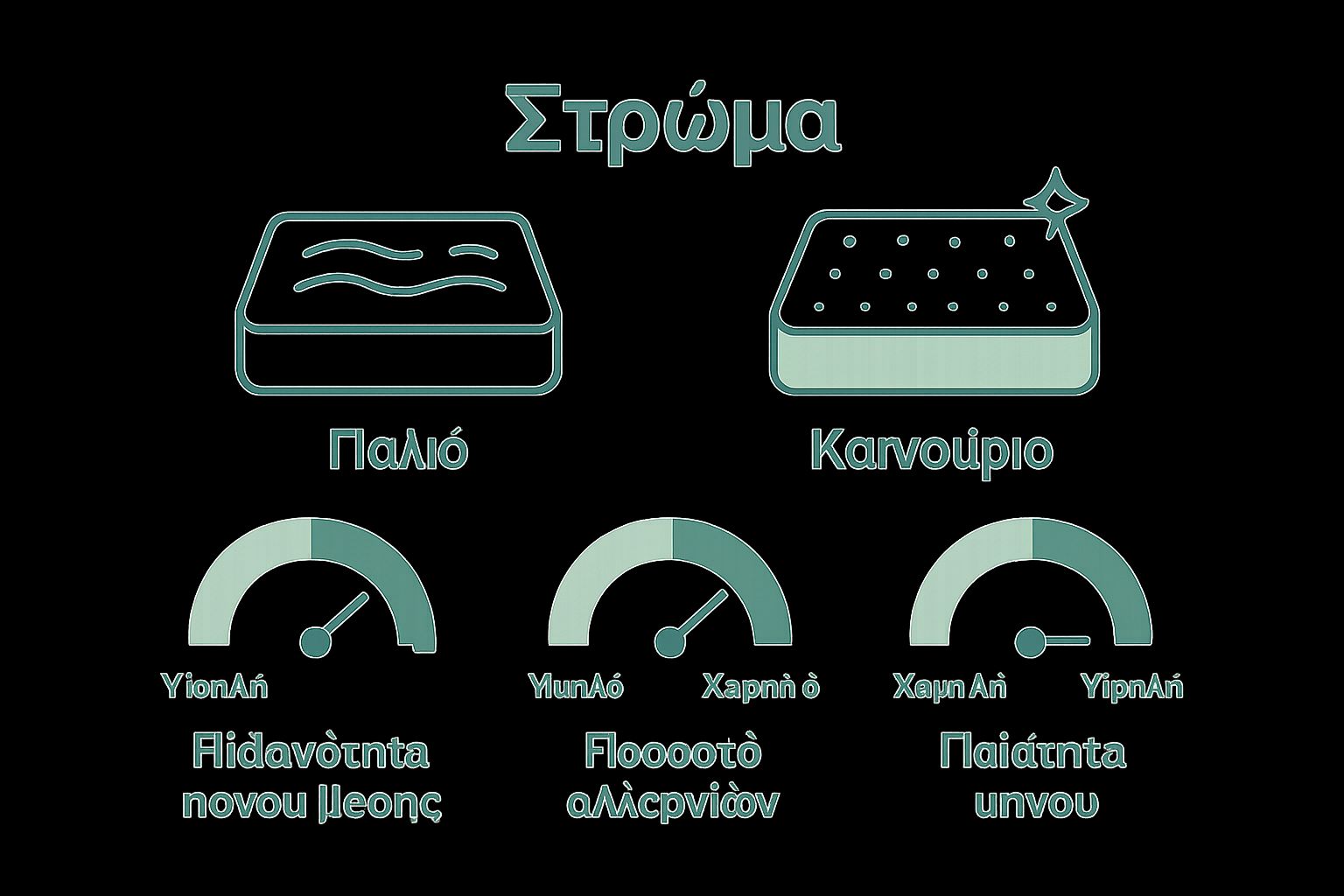 Απλή σύγκριση παλιού και νέου στρώματος με εικόνες και τρία γραφήματα για πόνο, αλλεργίες και ύπνο.