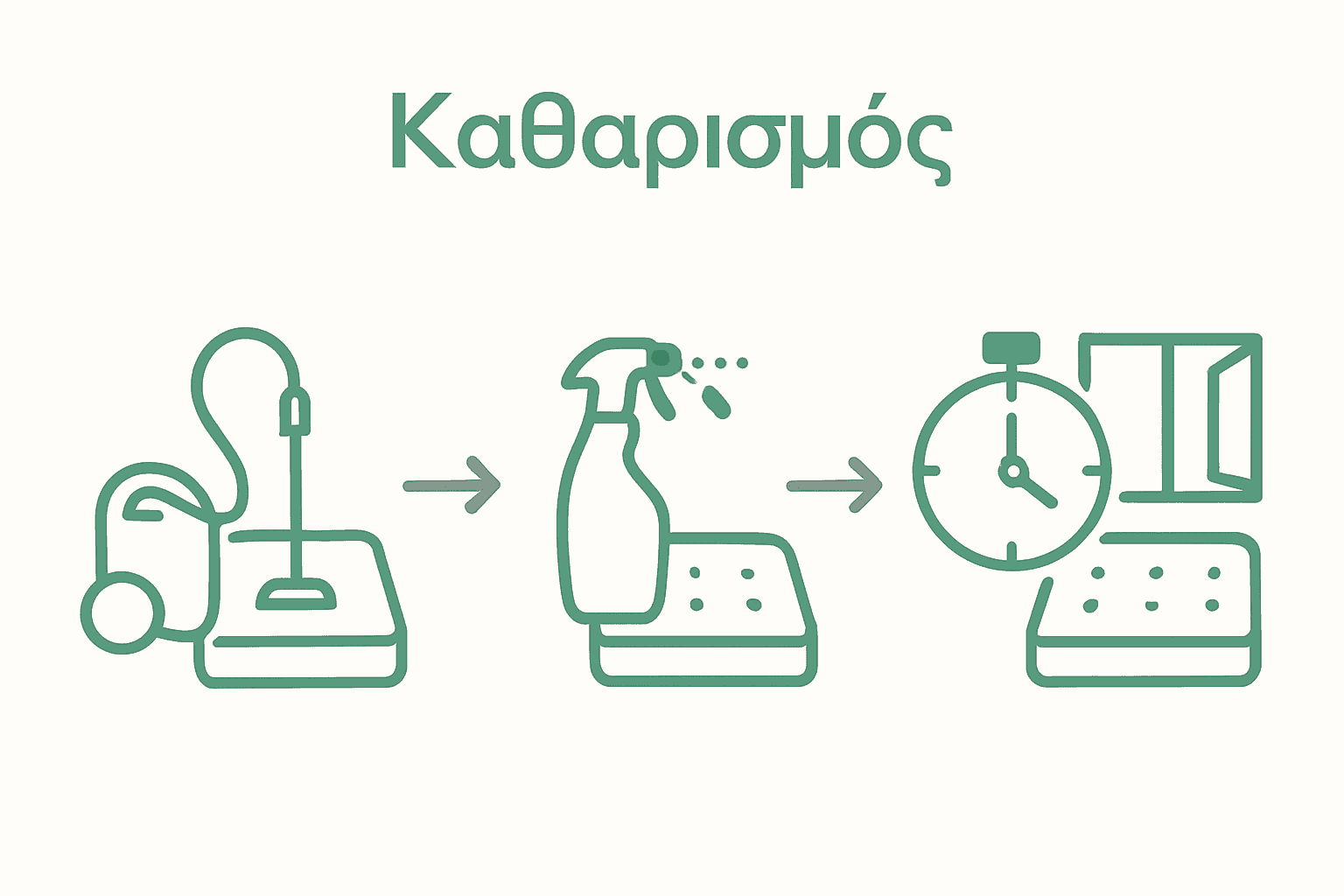 Infographic showing deep cleaning process: vacuuming, spraying solution, air drying mattress