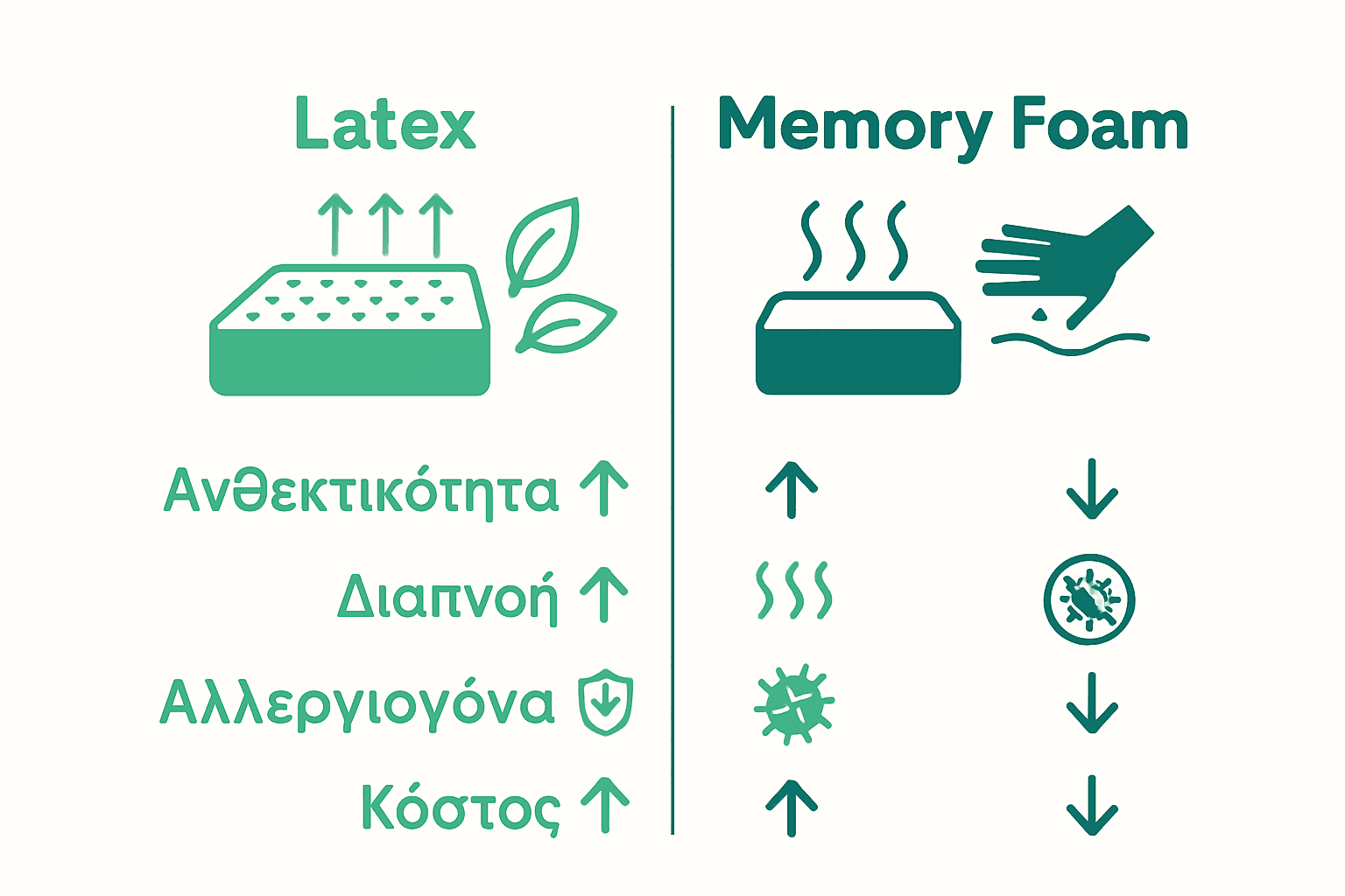 Οδηγός Προσκέφαλου Latex: Όλα Όσα Πρέπει Να Ξέρετε 3 Γρήγορη σύγκριση latex με memory foam