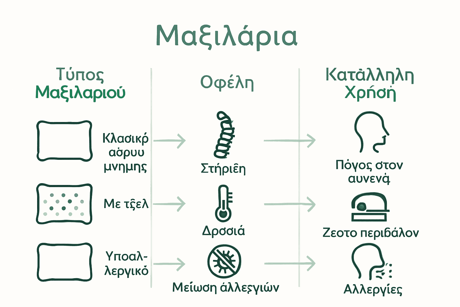 Πώς Λειτουργεί το Μαξιλάρι Αφρού: Πλήρης Οδηγός 3 Infographic comparing foam pillow types, key benefits, and uses.