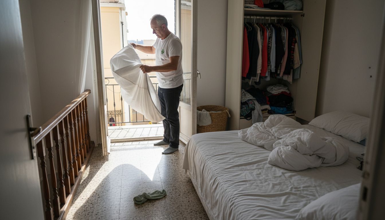Man airing mattress protector at home
