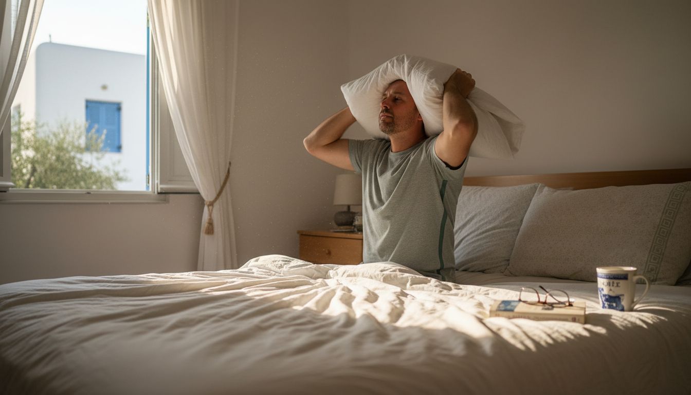 Ένας άνδρας φροντίζει να τακτοποιήσει το ορθοπεδικό του μαξιλάρι πάνω στο κρεβάτι, ώστε να βολευτεί καλύτερα για τον ύπνο.