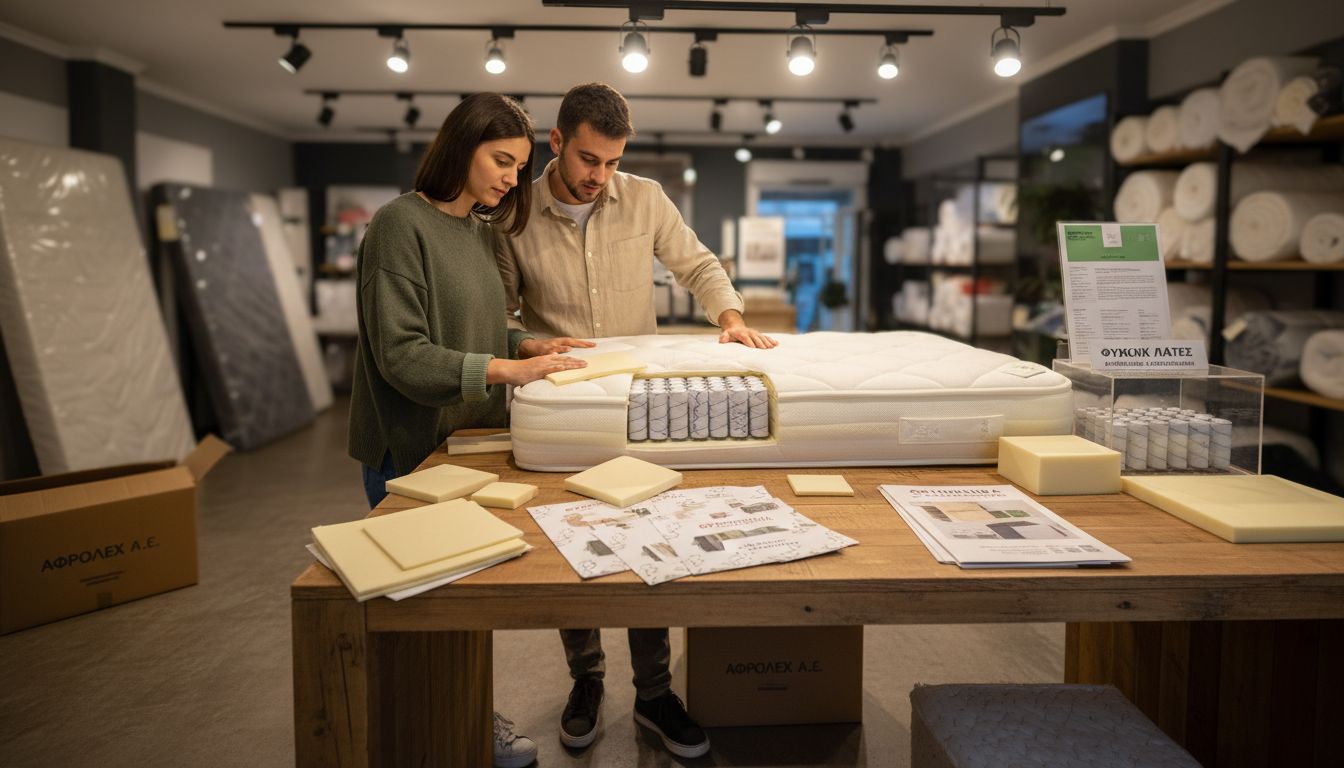 Ζευγάρι δοκιμάζει δείγματα υλικών για ορθοπεδικό στρώμα, εξετάζοντας προσεκτικά τις επιλογές πριν καταλήξει στην κατάλληλη για τον ύπνο του λύση.