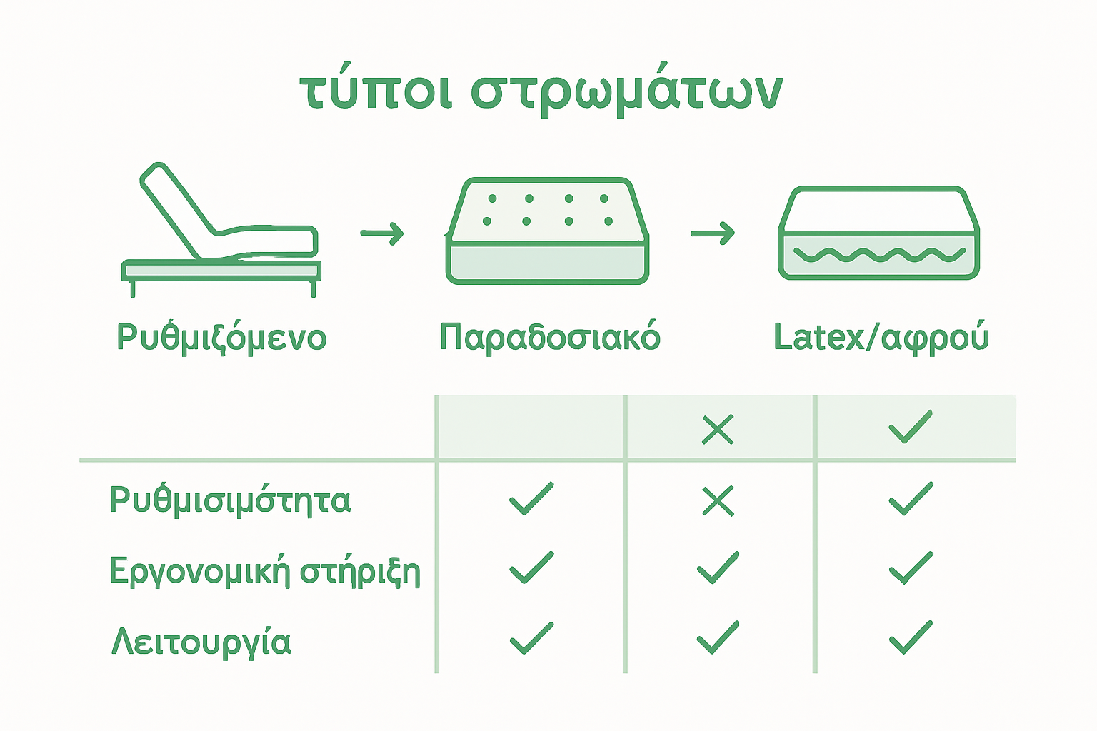 Ενημερωτικό γράφημα: Ποιο στρώμα να διαλέξω; Σύγκριση βασικών τύπων στρωμάτων