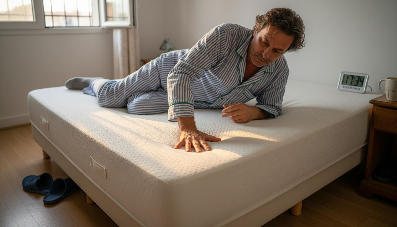 Άνδρας δοκιμάζει την αντοχή και τη σκληρότητα του στρώματος για να βεβαιωθεί ότι προσφέρει σωστή στήριξη.