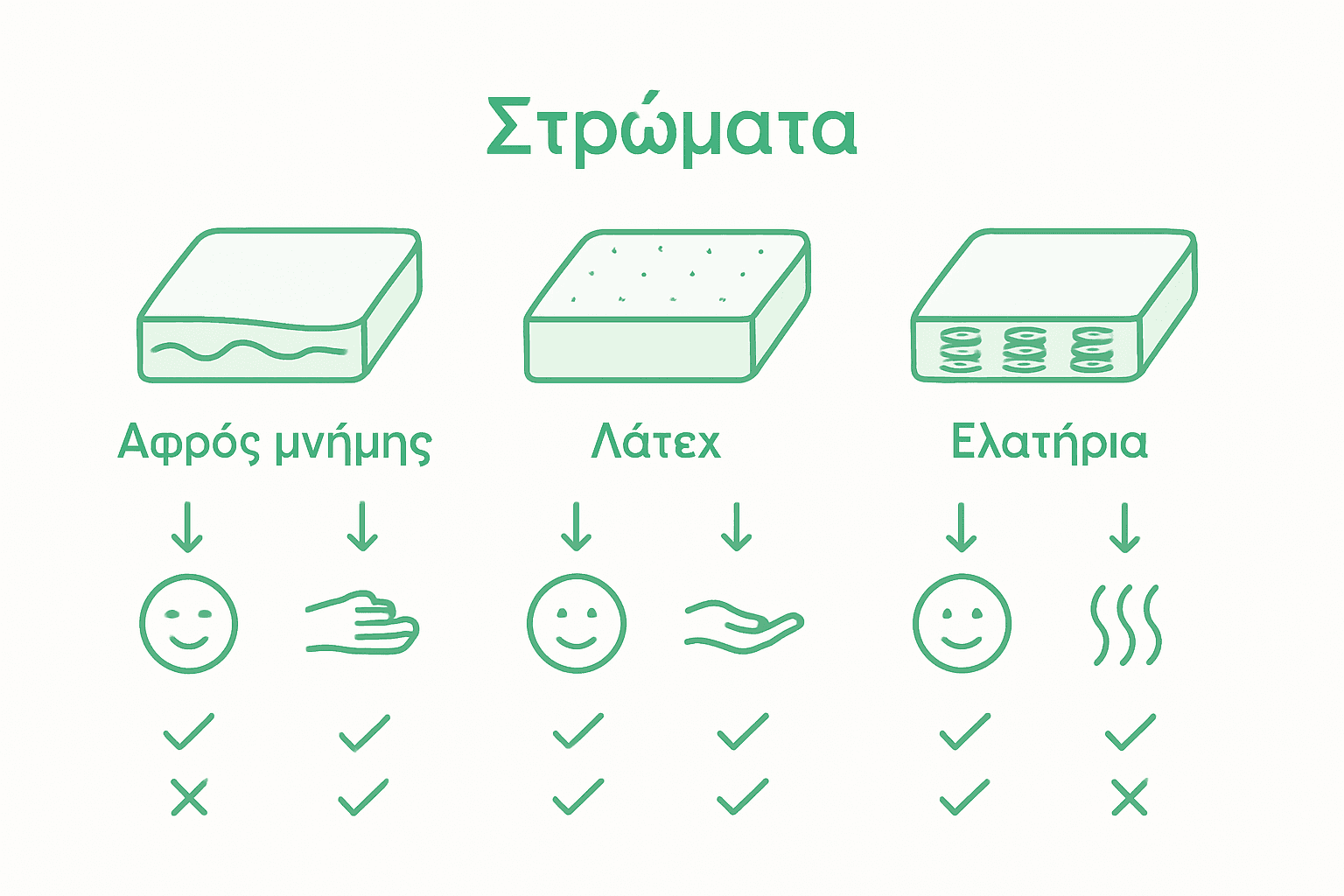 Εικονογραφημένος οδηγός: Ποιο στρώμα να διαλέξω; Σύγκριση βασικών τύπων στρωμάτων και των πλεονεκτημάτων τους