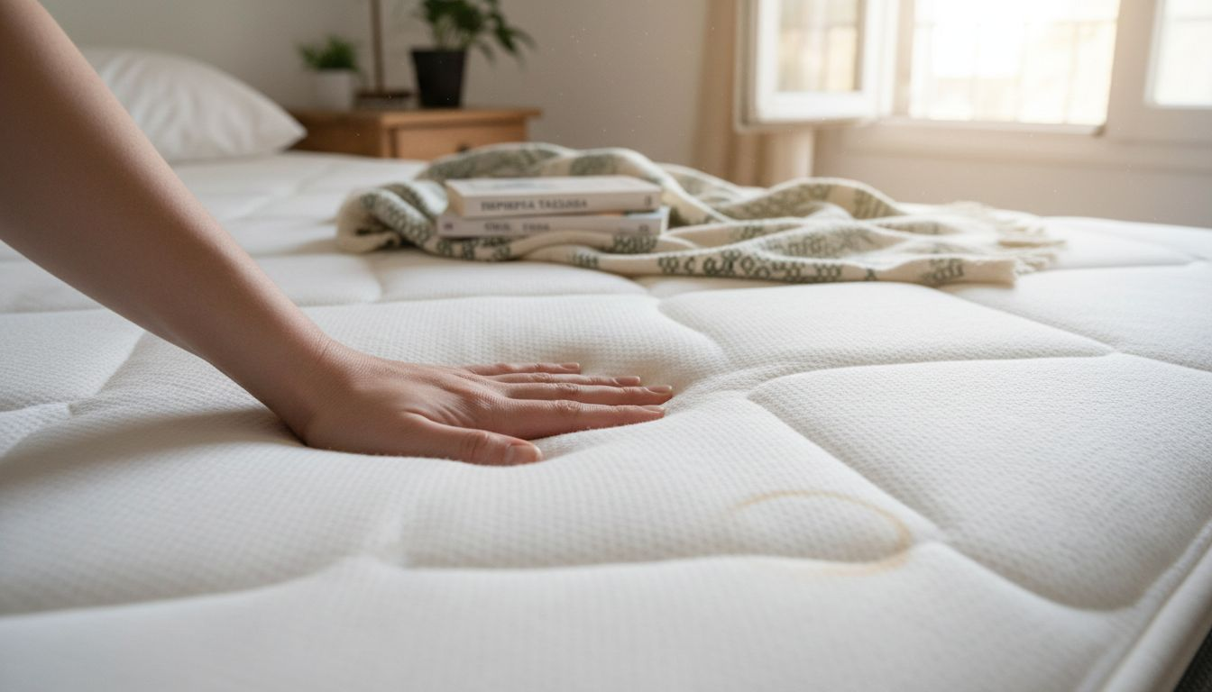 Ένα χέρι βυθίζεται απαλά στην επιφάνεια ενός στρώματος με memory foam, αφήνοντας το αποτύπωμά του.