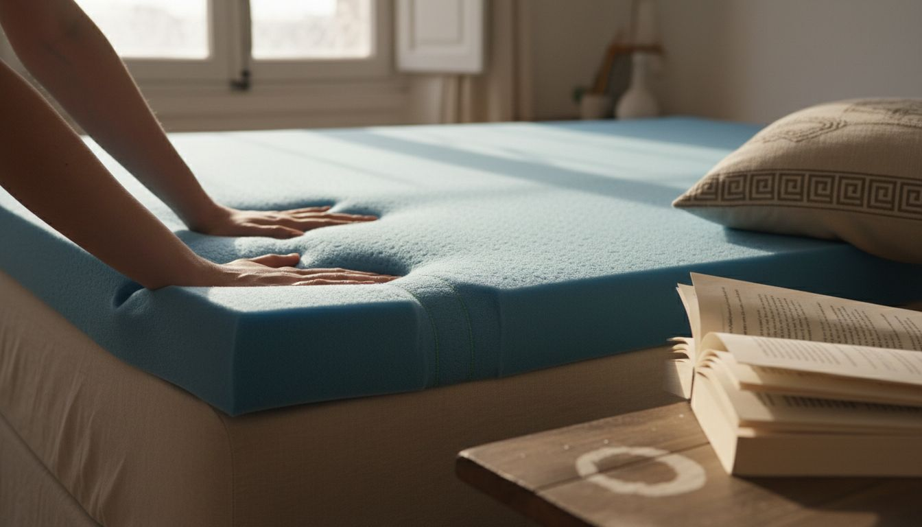 Χέρια βυθίζονται απαλά σε ένα στρώμα memory foam, αφήνοντας για λίγο το αποτύπωμά τους στην επιφάνειά του.