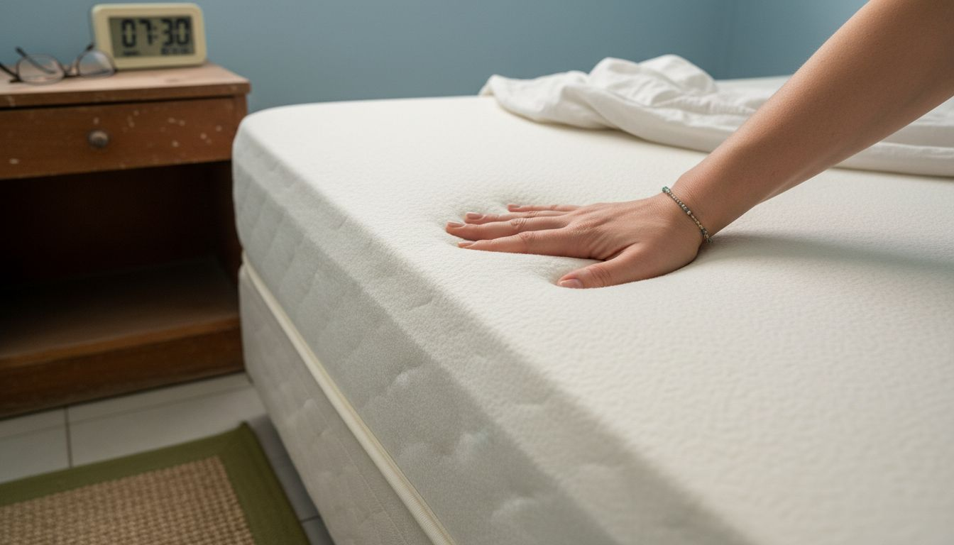 Ένα χέρι πιέζει το στρώμα από memory foam, δείχνοντας πώς προσαρμόζεται στο σχήμα του.