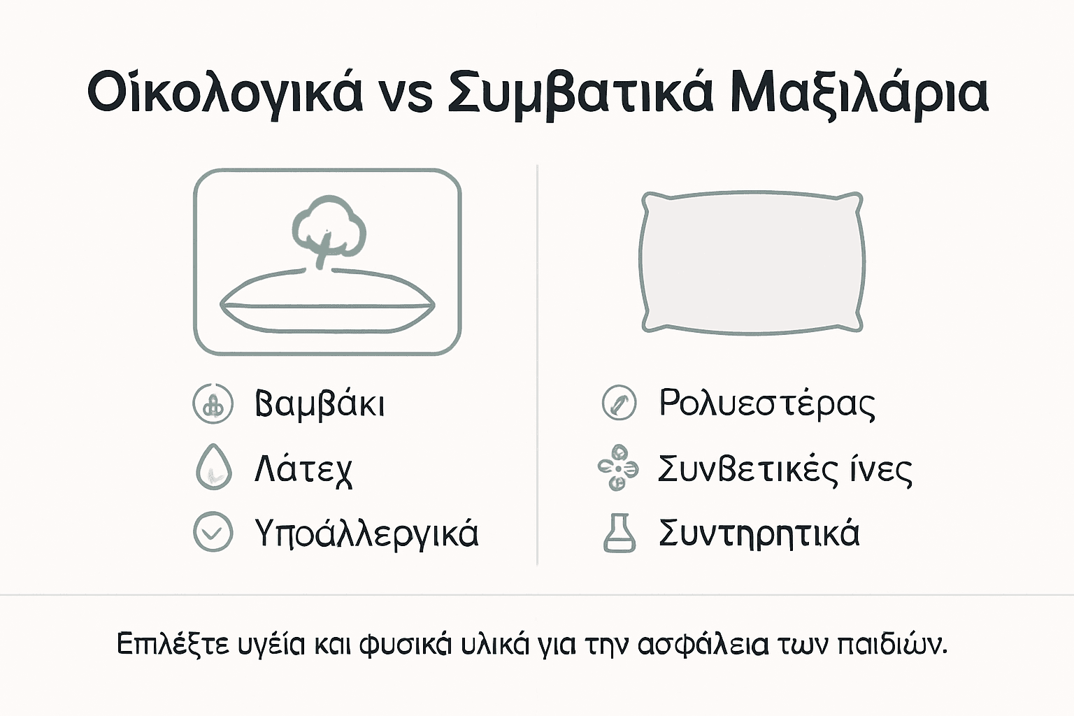 Εικονογραφημένος οδηγός που παρουσιάζει τις διαφορές ανάμεσα στα οικολογικά και τα συμβατικά μαξιλάρια.