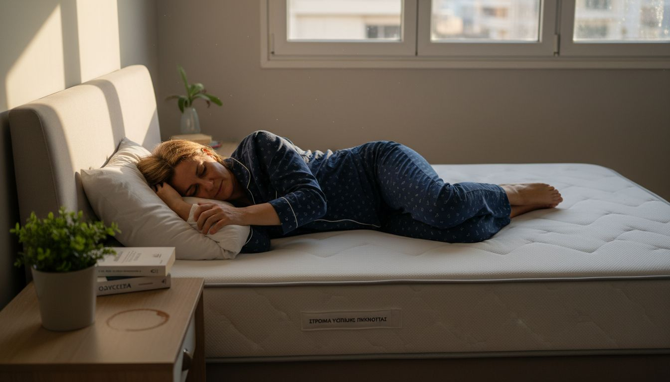 Μια γυναίκα απολαμβάνει χαλάρωση ξαπλωμένη σε ένα αναπαυτικό στρώμα με ειδικό αφρό.