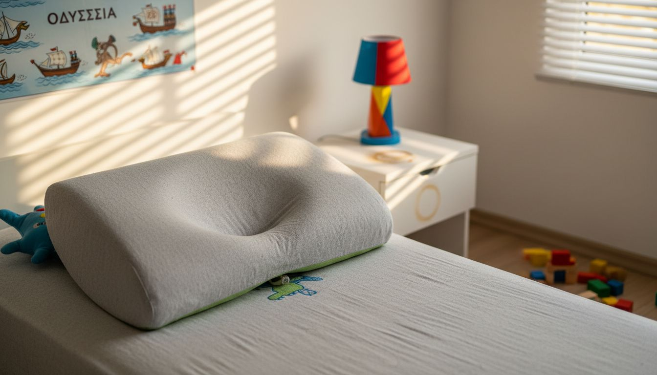 Λεπτομέρεια από ανατομικό μαξιλάρι με memory foam επάνω στο κρεβάτι, όπως φαίνεται σε κοντινή λήψη.