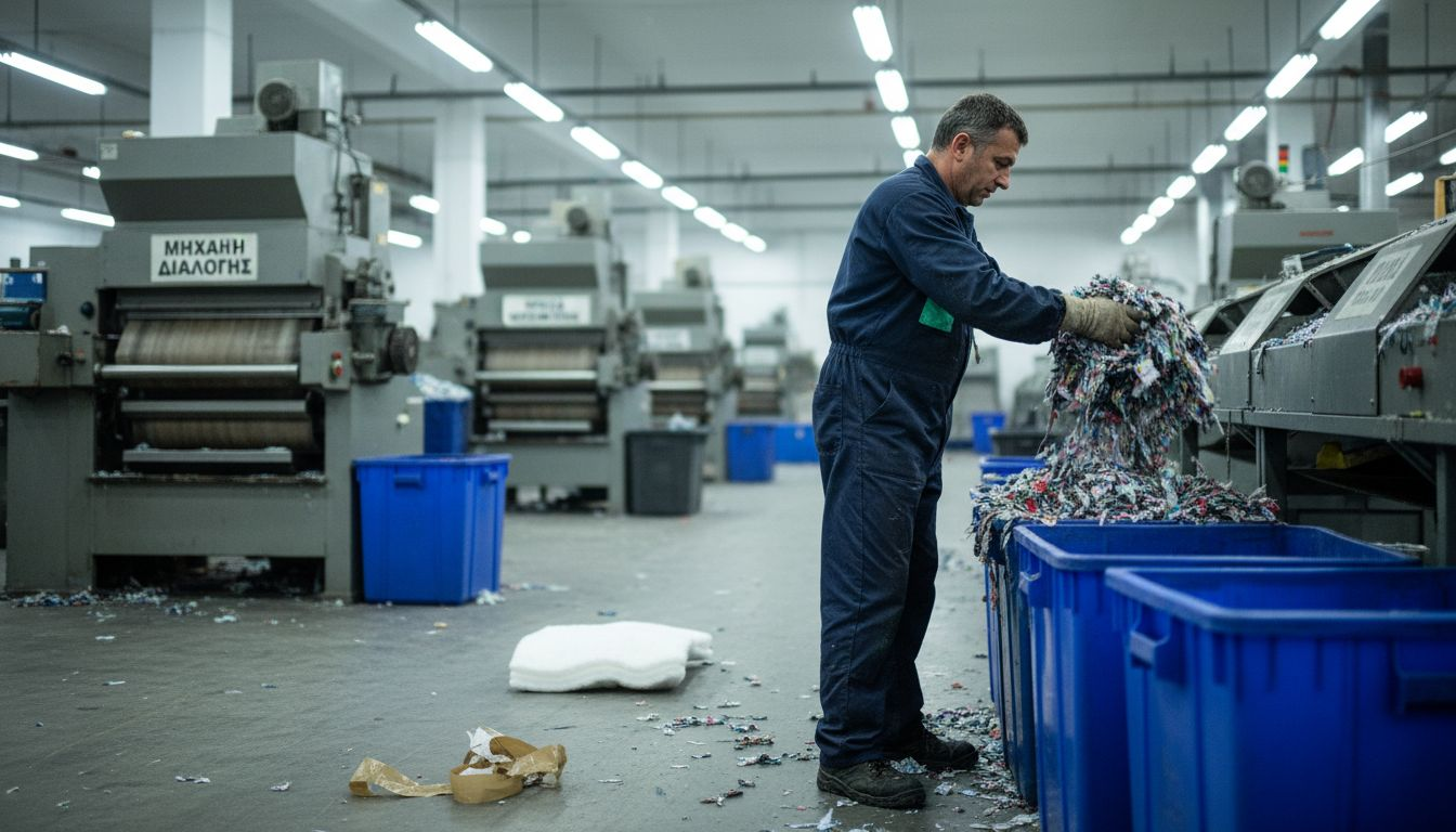 Τι είναι το ανακυκλώσιμο μαξιλάρι και πώς ενισχύει τη βιωσιμότητα 2 Εργαζόμενος διαχωρίζει υλικά από μαξιλάρια για ανακύκλωση