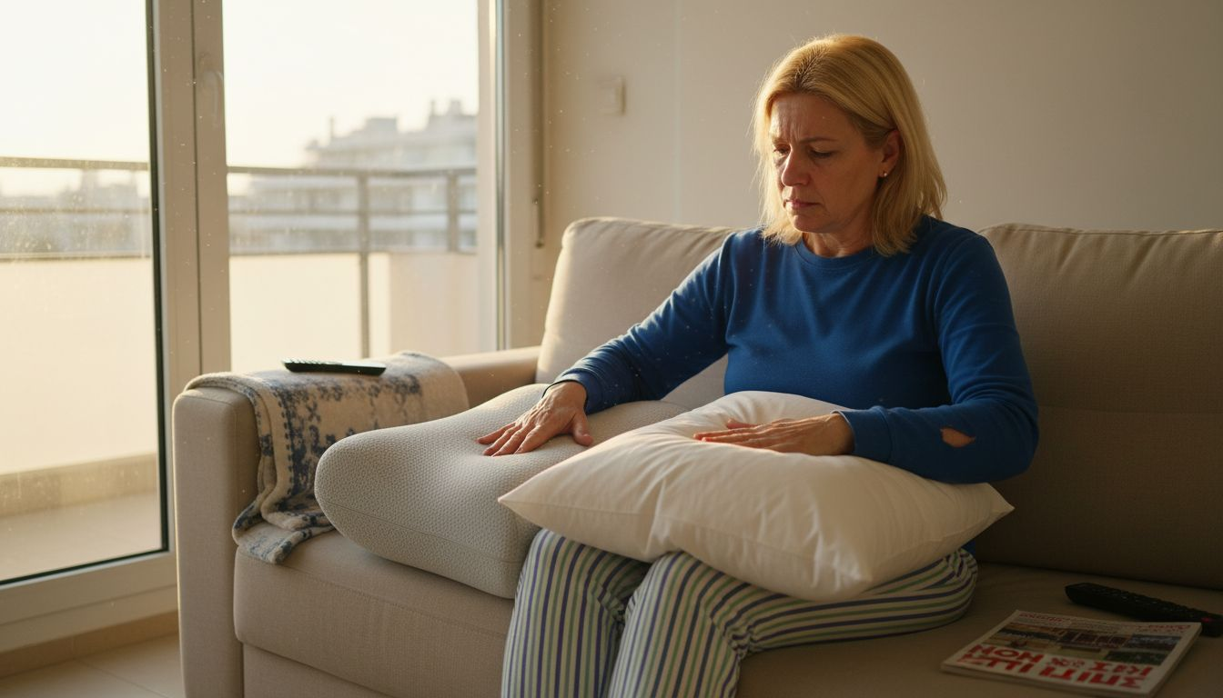 Μια γυναίκα κάθεται στον καναπέ και δοκιμάζει διαφορετικά μαξιλάρια για να αποφασίσει ποιο της ταιριάζει καλύτερα.