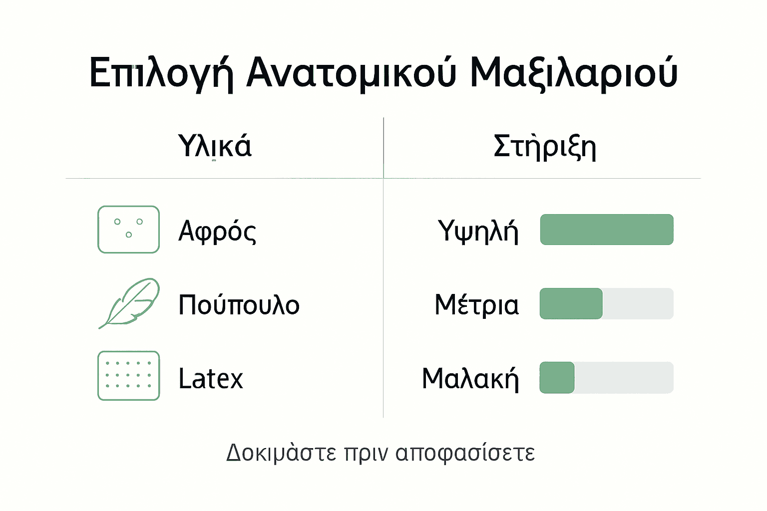 Εικονογράφηση με συμβουλές για την επιλογή εργονομικού μαξιλαριού: Τι πρέπει να προσέξετε για να βρείτε το κατάλληλο μαξιλάρι που στηρίζει σωστά τον αυχένα και τη σπονδυλική σας στήλη, ώστε να απολαμβάνετε ποιοτικό και ξεκούραστο ύπνο.