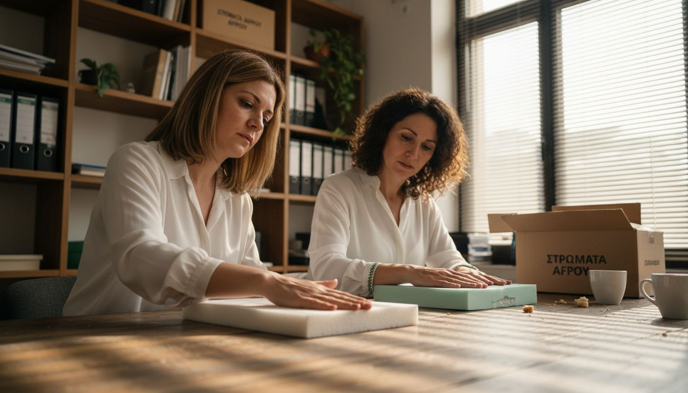 Γυναίκες δοκιμάζουν διαφορετικά είδη αφρολέξ για στρώματα μέσα σε κατάστημα