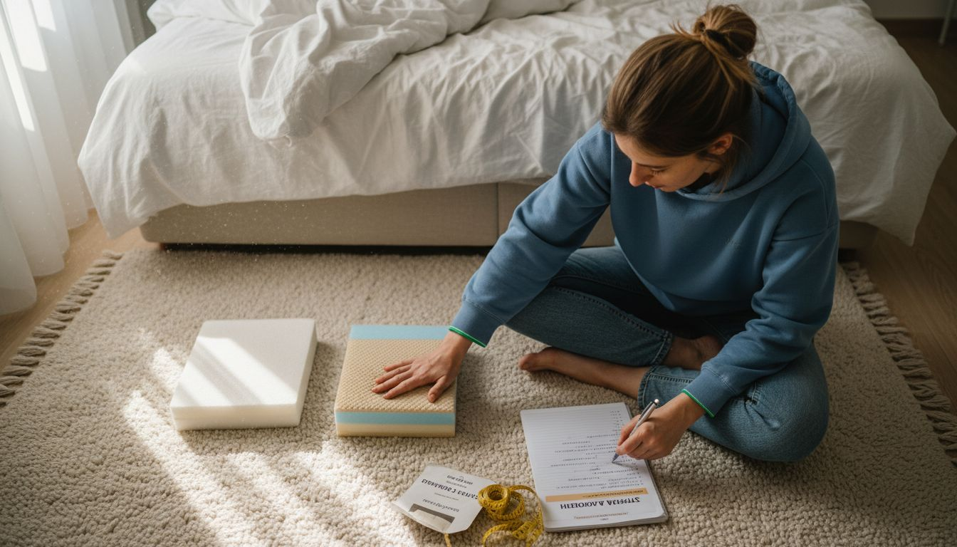 Μια γυναίκα δοκιμάζει και συγκρίνει διαφορετικά δείγματα από στρώματα αφρού latex, προσπαθώντας να βρει ποιο της ταιριάζει καλύτερα.