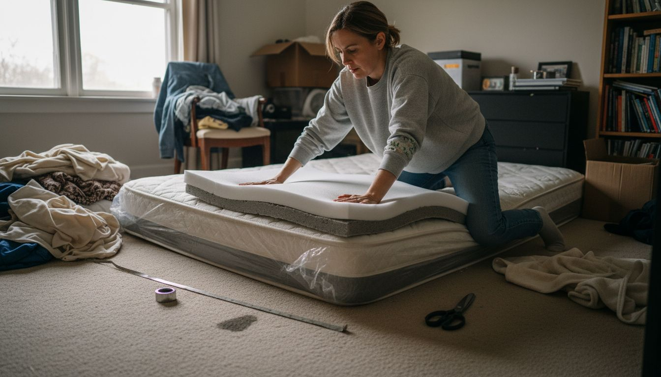 Μια γυναίκα τοποθετεί τη μία στρώση αφρού πάνω στην άλλη για να φτιάξει το στρώμα.