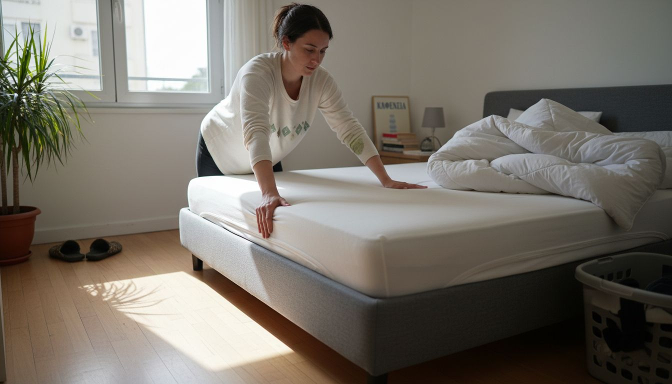 Γυναίκα ελέγχει αν το στρώμα είναι σωστά τοποθετημένο πάνω στη βάση του κρεβατιού.