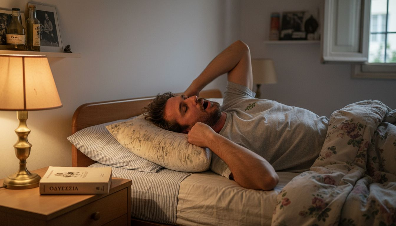 Άνδρας δοκιμάζει μαξιλάρι για να δει αν είναι άνετο όταν κοιμάται ανάσκελα.