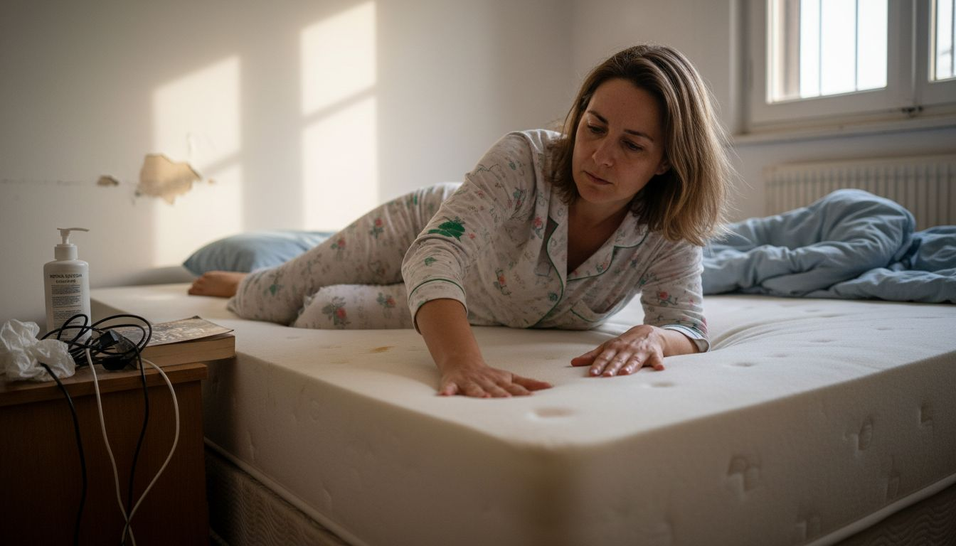 Γυναίκα δοκιμάζει την άνεση και την αποφόρτιση πίεσης σε αφρώδες υλικό.