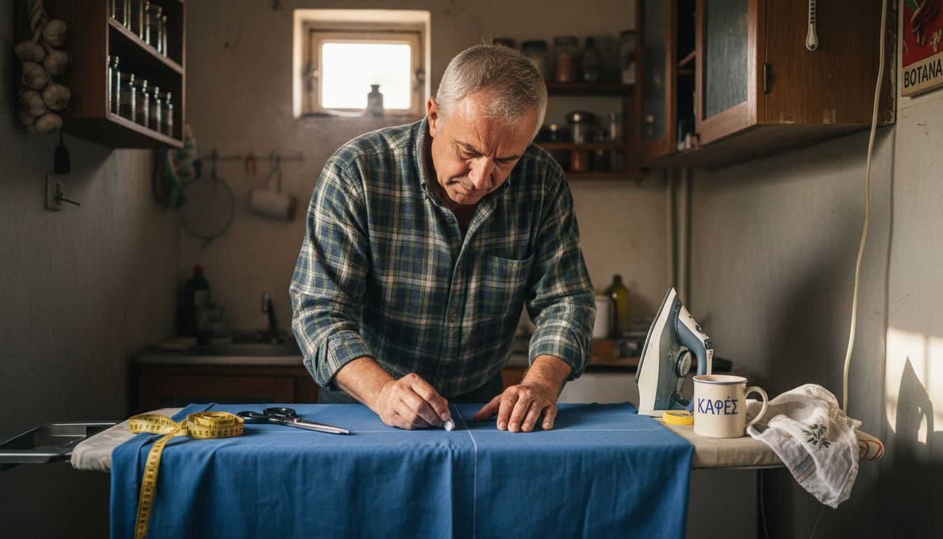 Βήμα βήμα κατασκευή διακοσμητικών μαξιλαριών για το σπίτι 2 Ένας άνδρας σημειώνει με μολύβι το ύφασμα πάνω στη σιδερώστρα, προετοιμάζοντας το για ράψιμο.